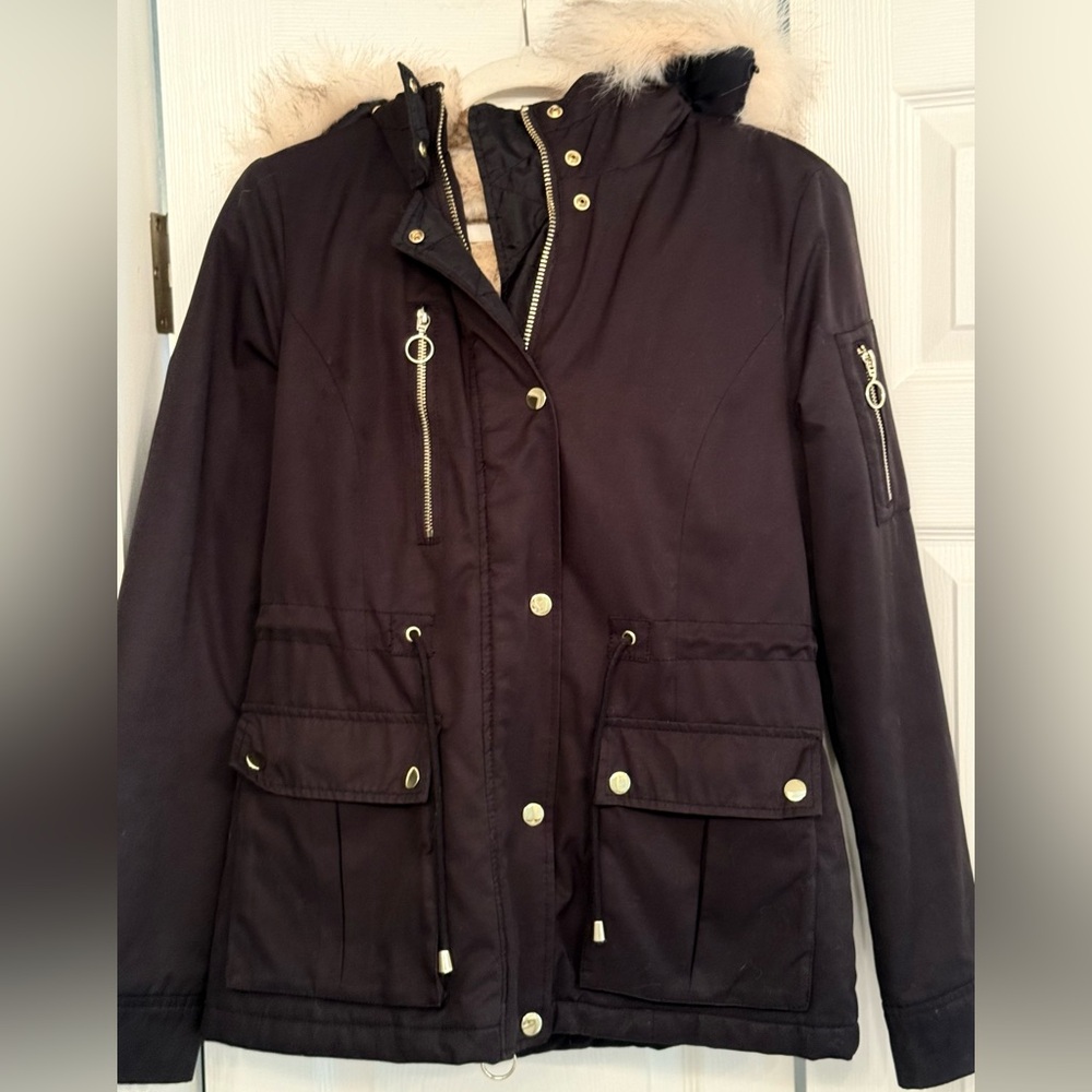 Topshop Black Jacket with Cream Fur Hood - Picture 3 of 5